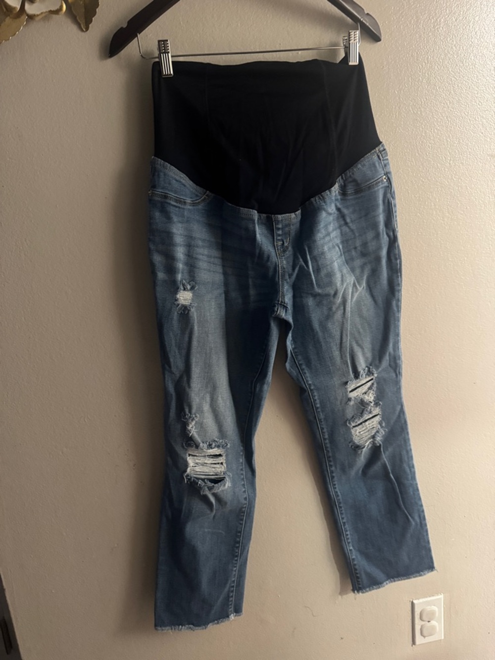 Maternity Distressed Blue Jeans with Black Stretch Panel